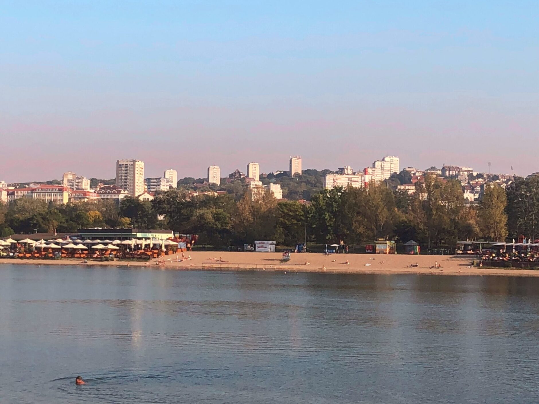Riverside view of golden sand beach lined with trees