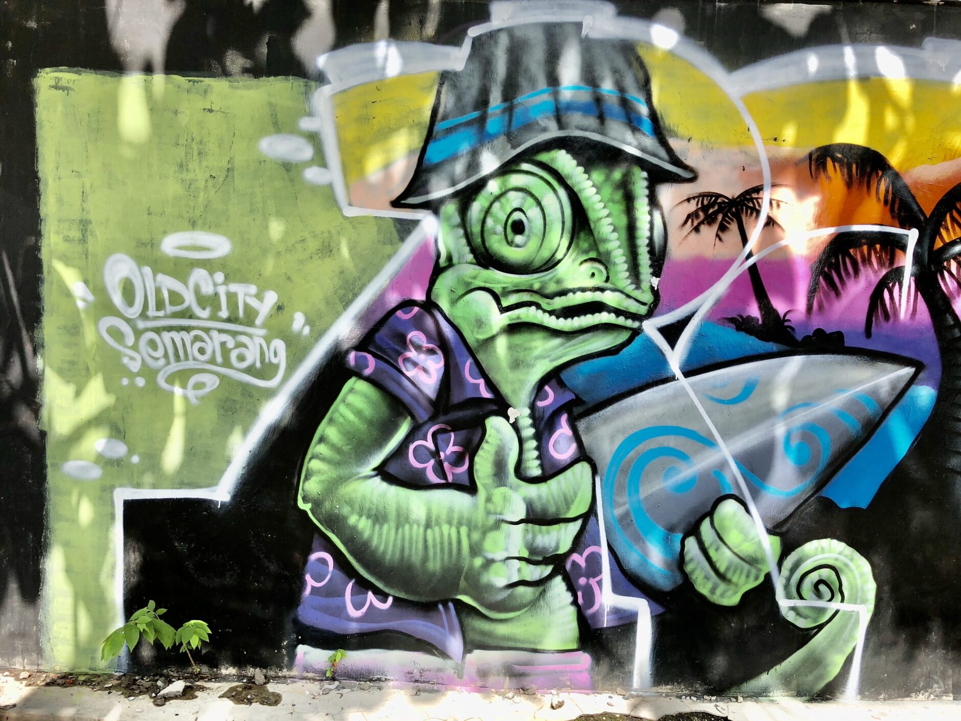 Mural of a green grinning turtle wearing a purple shirt and grey bucket hat with a blue stripe
