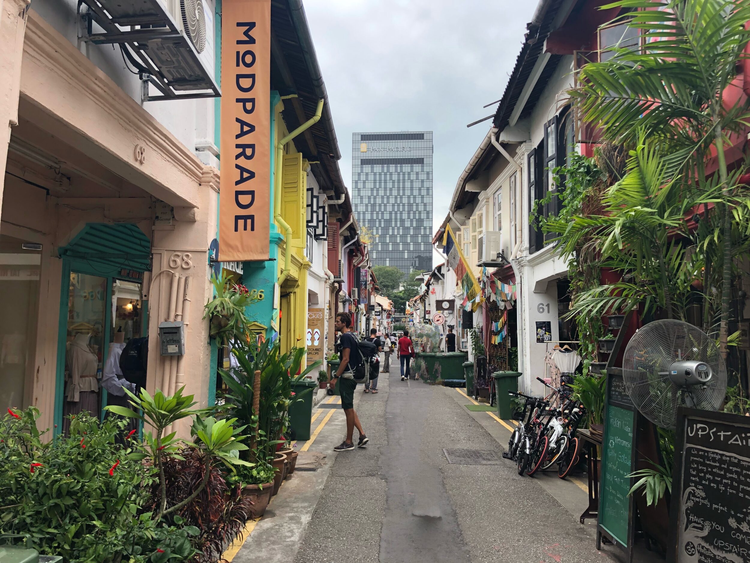 Small lane lined with colourful shops and plants on Haji Lane in Singapore